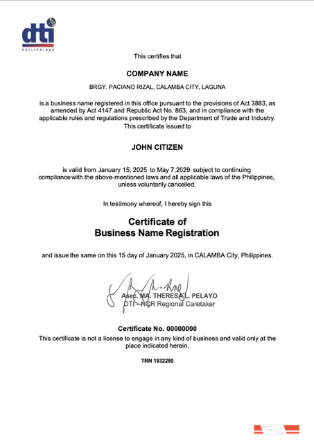 Philippines Calamba certificate of business name registration Word and PDF template